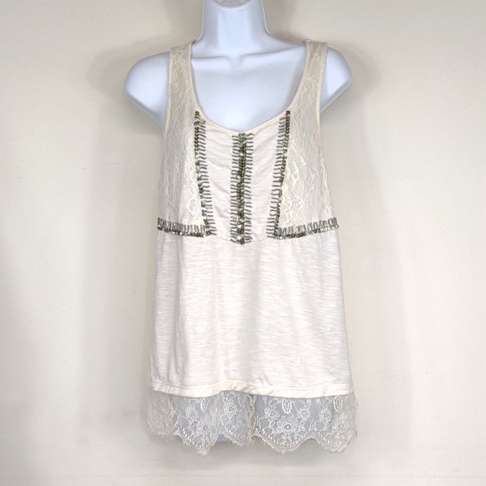 Vanity Large Cream Lace sequin and beaded Racerback sleeveless Blouse